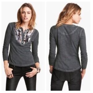Free People Gray Tiger Eyes‎ Sequin Henley Small Boho Fairy Grunge